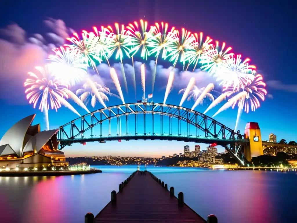 Espectacular fuegos artificiales iluminan el Puente de Sydney en la celebración de Año Nuevo, con la Ópera de Sydney de fondo