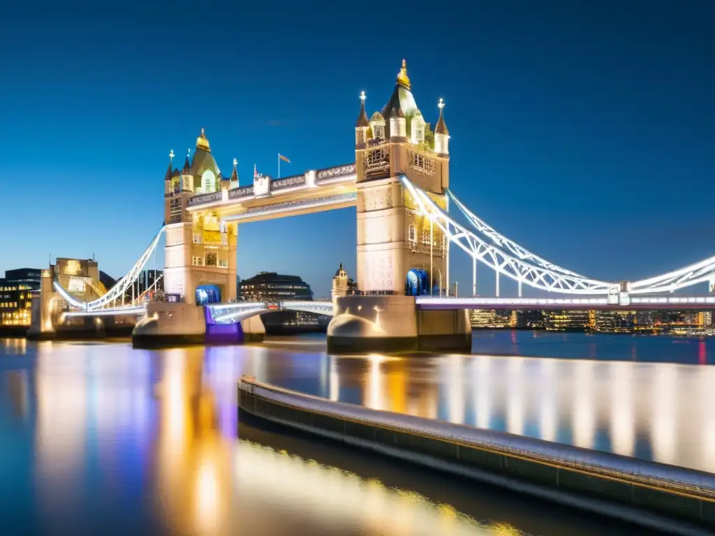 Espectacular imagen nocturna de la icónica Tower Bridge de Londres, con sus torres gemelas iluminadas por un cálido resplandor dorado