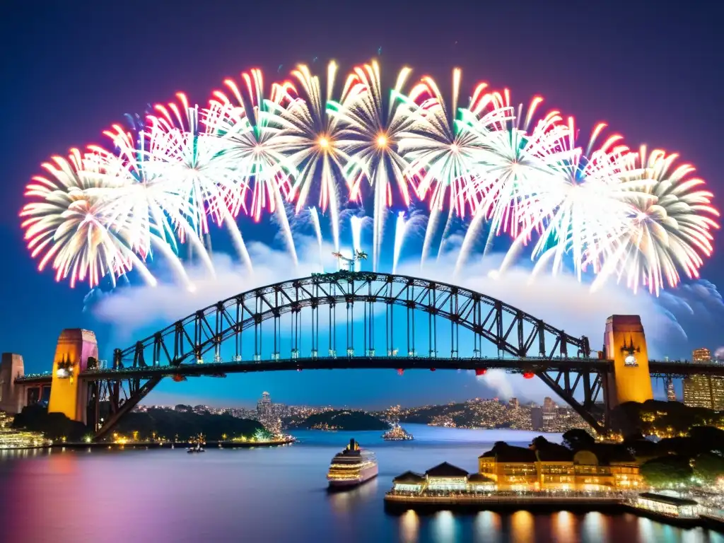 Espectacular juego de fuegos artificiales iluminando el Puente de Sydney en Año Nuevo, creando un escenario deslumbrante sobre el cielo nocturno