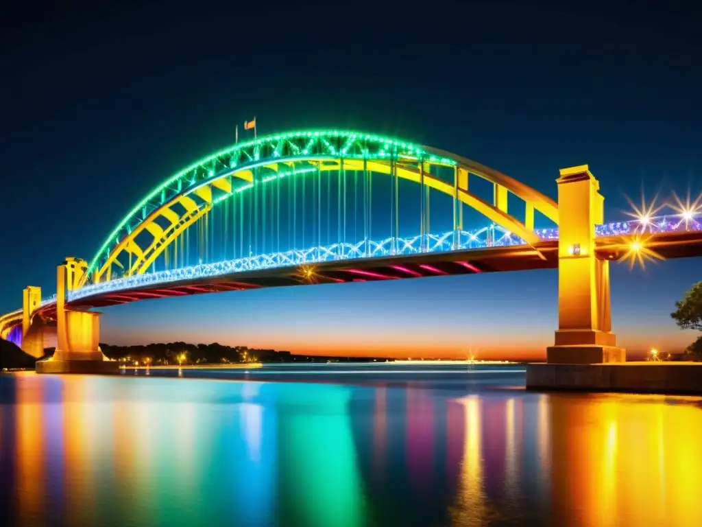 Espectacular diseño luminotécnico en puentes impresionantes, iluminación vibrante reflejada en el agua en la noche