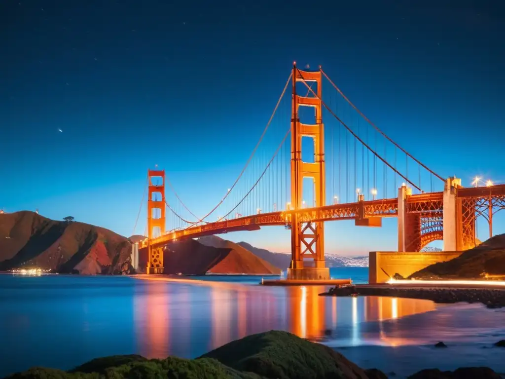 Espectacular fotografía nocturna de puentes iluminados en la noche, mostrando el icónico Golden Gate Bridge y su reflejo en el agua