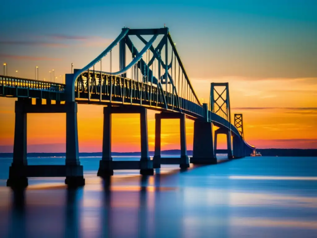 Espectacular puente Bahía Chesapeake panorámico al atardecer, reflejado en aguas brillantes, bañado en luz dorada