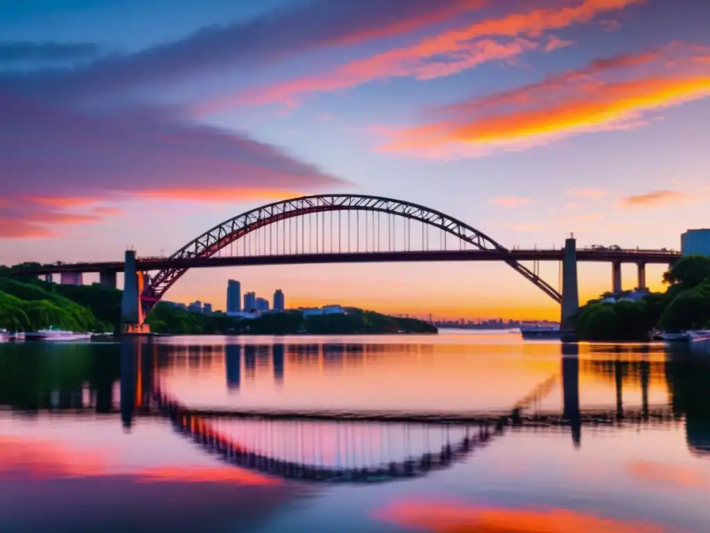 Espectacular puente al atardecer con reflejos naranjas y rosados sobre el agua, resaltando su intrincada estructura de acero