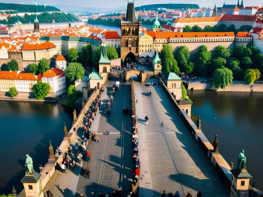 Espectacular fotografía del Puente de Carlos en Praga, bañado por la cálida luz dorada del atardecer, capturando su belleza histórica y arquitectónica