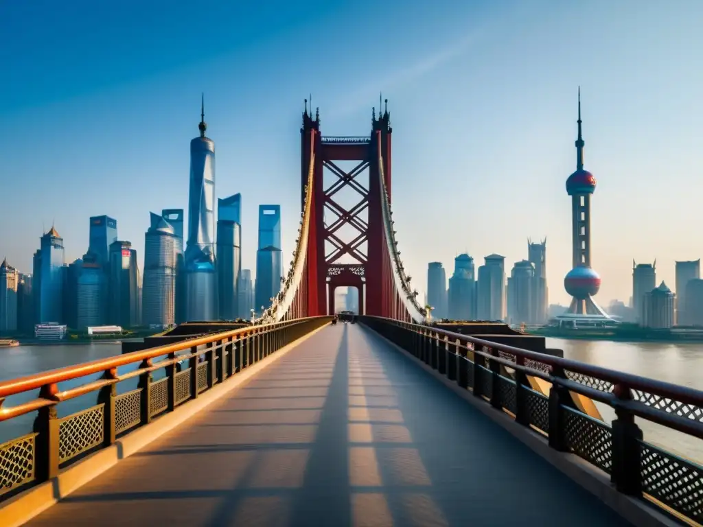 Espectacular Puente Lupu de Shanghái capturando su grandiosidad y modernidad, con skyline de la ciudad de fondo