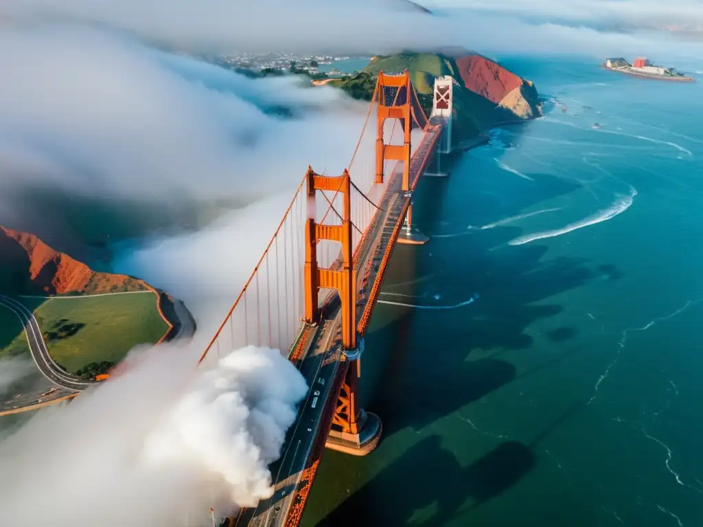 Un espectacular puente icónico impresionante con una historia detrás, la neblina realza su belleza