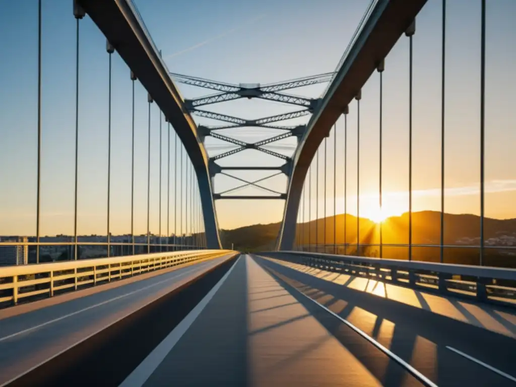 Espectacular puente moderno con atardecer dorado, resaltando la creatividad en diseño de puentes