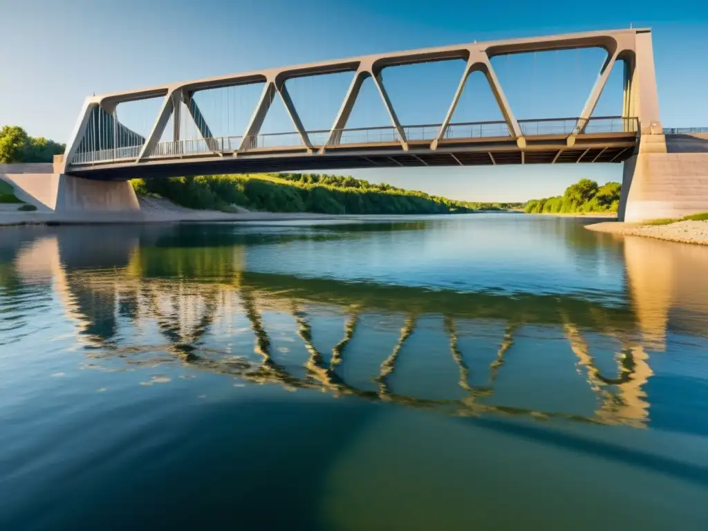 Espectacular puente moderno sobre río brillante, con reflejos de luz y sombra, mostrando la dinámica de fluidos en puentes