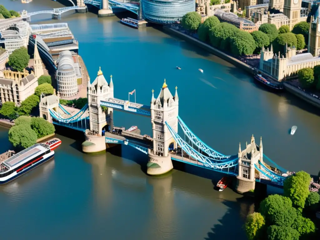 Un espectacular puente ornamentado en Londres con arquitectura gótica victoriana, en azul icónico, sobre el río Támesis