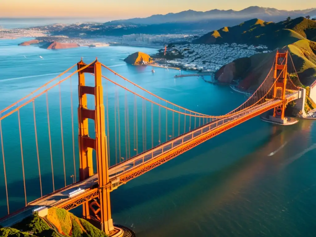 Espectacular vista aérea del atardecer en el Puente Golden Gate en San Francisco