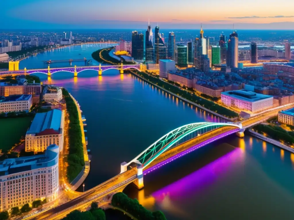 Espectacular vista aérea de puentes iluminados sobre río en la ciudad