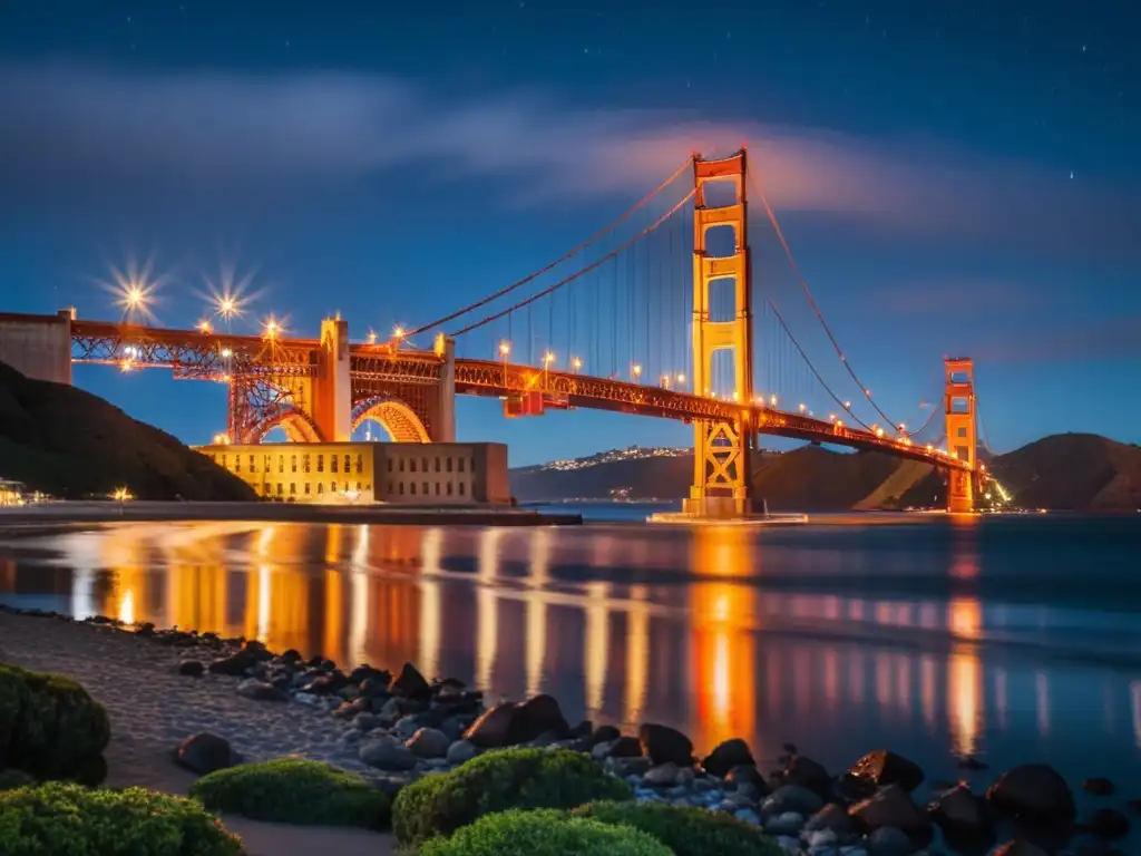 Espectacular vista nocturna del Puente Golden Gate con sus icónicas torres rojo anaranjadas iluminadas