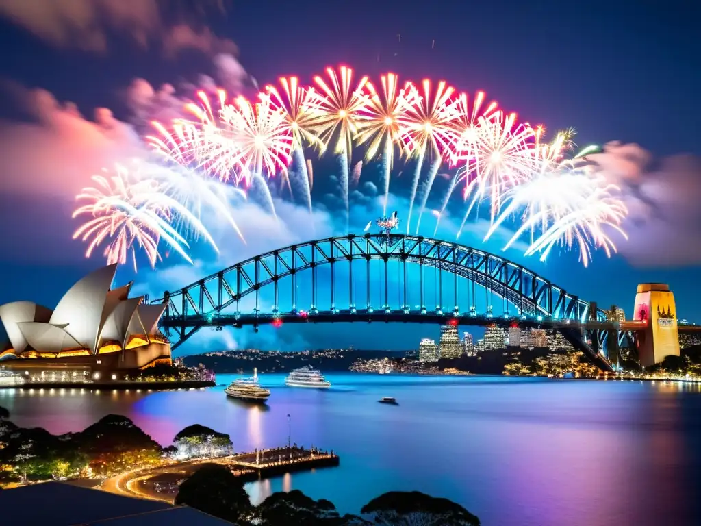 Espectacular vista del Puente Sydney iluminado por fuegos artificiales en Año Nuevo, con la ciudad y el puerto en primer plano