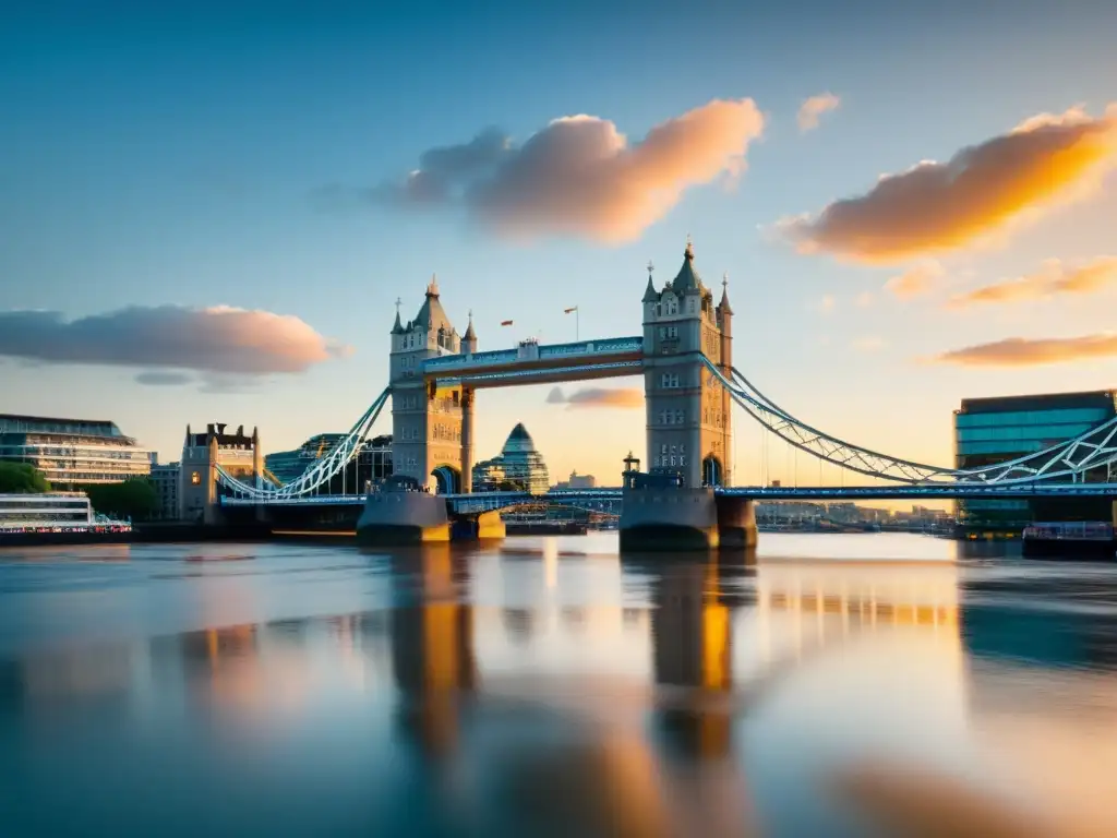 Espectacular vista del Puente de la Torre de Londres al atardecer, reflejándose en el río Támesis, envuelto en cálidos tonos dorados