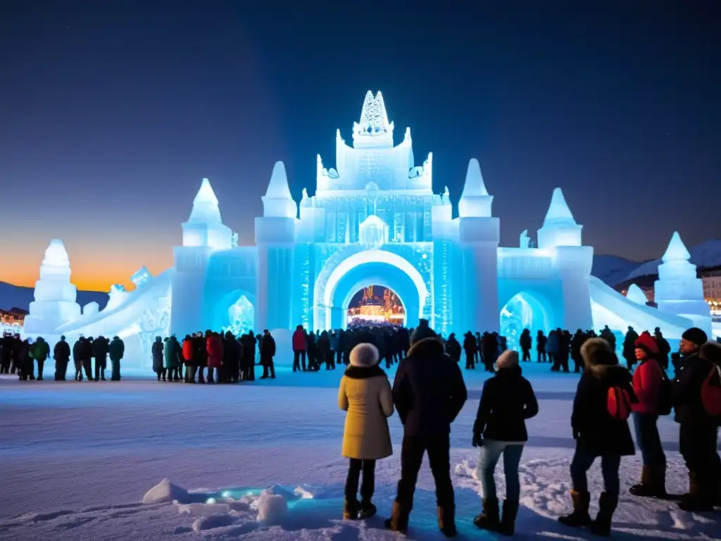 Espectaculares esculturas de hielo iluminadas en el Festival de Hielo y Nieve Puente Confusión, con una atmósfera mágica de maravilla y emoción