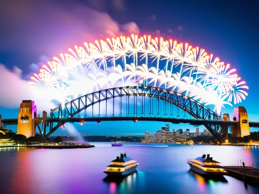 Espectáculo de fuegos artificiales ilumina el Puente Sydney en Año Nuevo, reflejándose en el tranquilo puerto