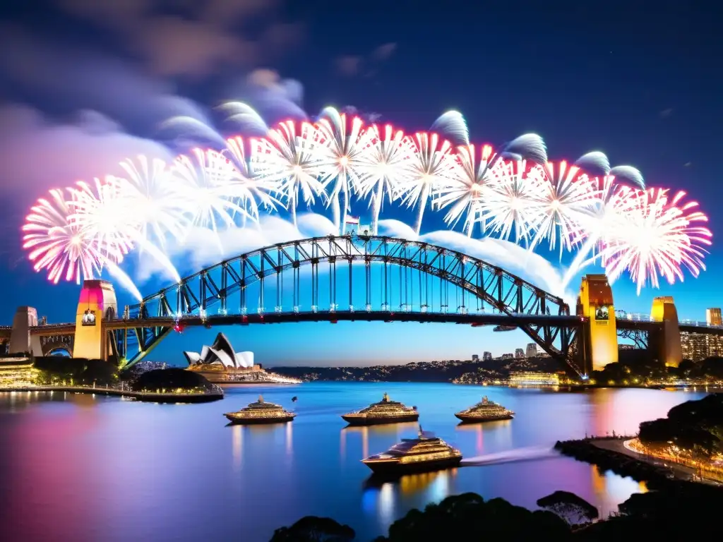 Espectáculo de fuegos artificiales sobre el Puente Sydney en Año Nuevo, reflejando la grandiosidad y alegría de la celebración