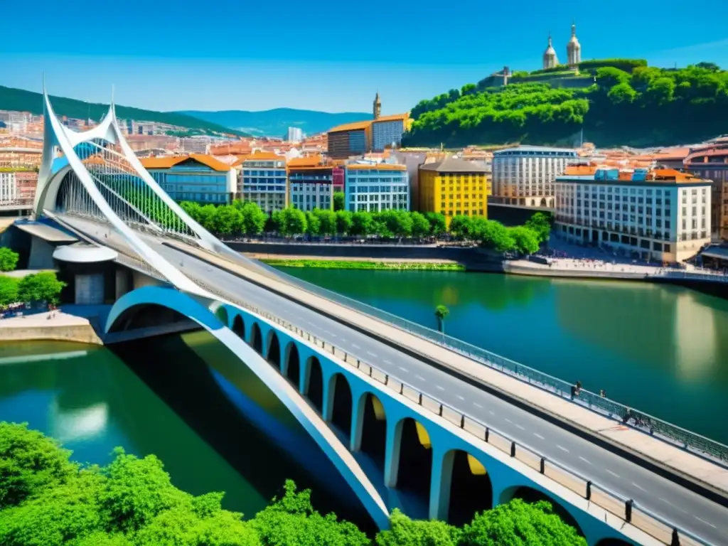 Espléndida vista del Puente de la Salve Bilbao con el icónico Museo Guggenheim al fondo, reflejando la vibrante atmósfera urbana de la ciudad