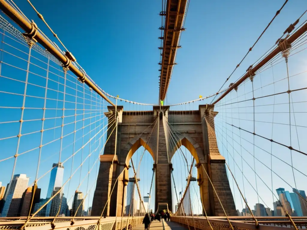 Espléndida vista del Puente de Brooklyn resaltando su majestuosa arquitectura e historia, con juego de luces y sombras