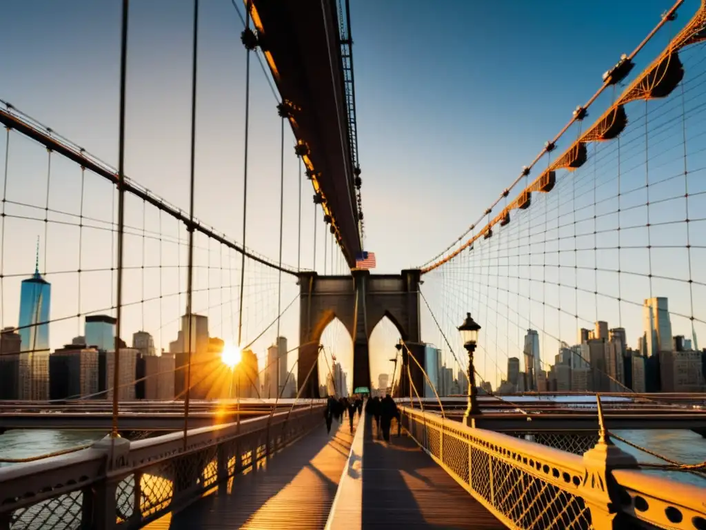 Espléndido atardecer en el Puente de Brooklyn, destacando su arquitectura gótica y los cables de acero