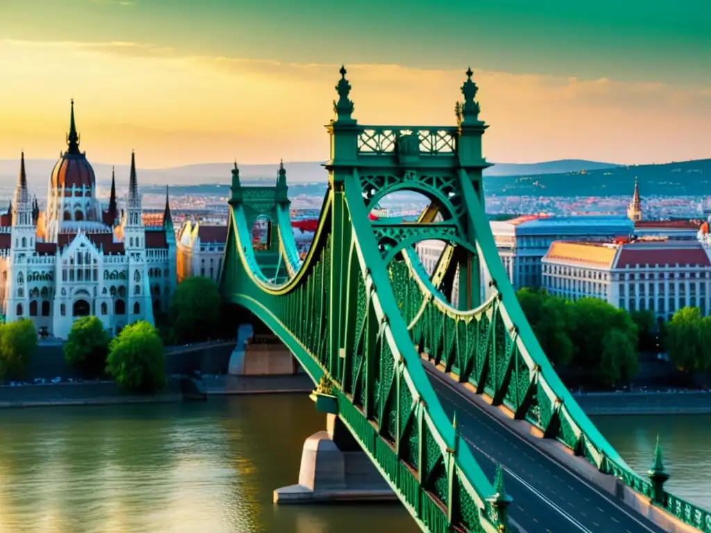 Espléndido atardecer en el Puente de la Libertad de Budapest, historia y belleza se funden en esta icónica estructura verde sobre el río Danubio