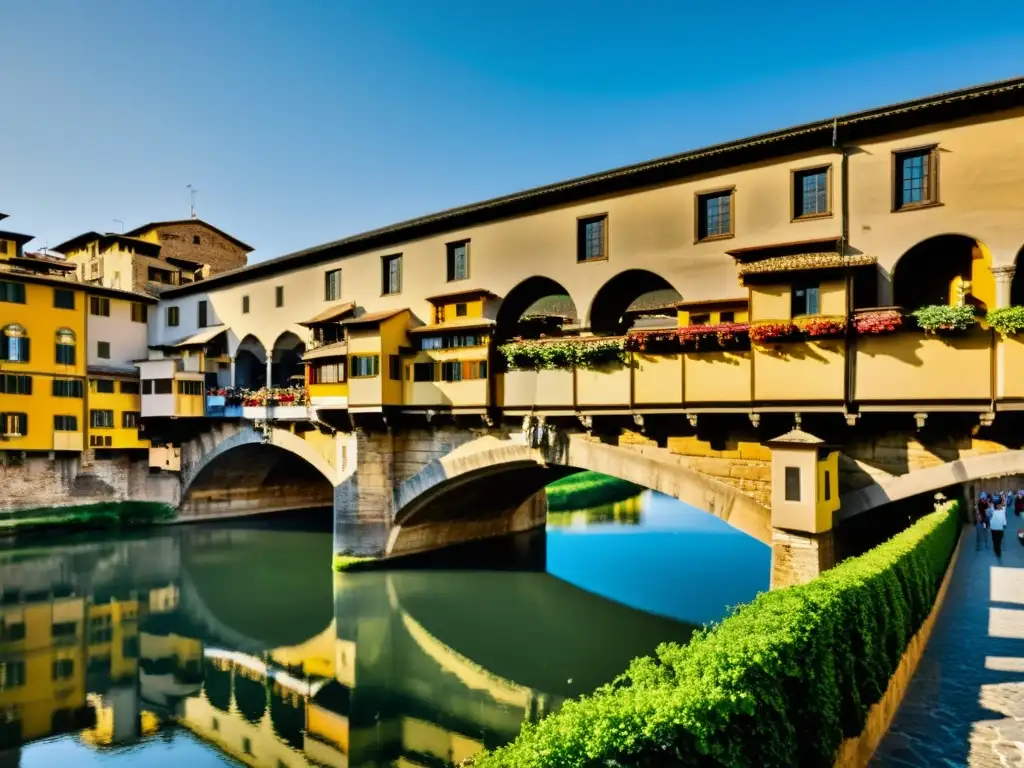 Espléndido puente gótico en Florencia, con detalles intrincados y arcos imponentes, bañados por la cálida luz del sol