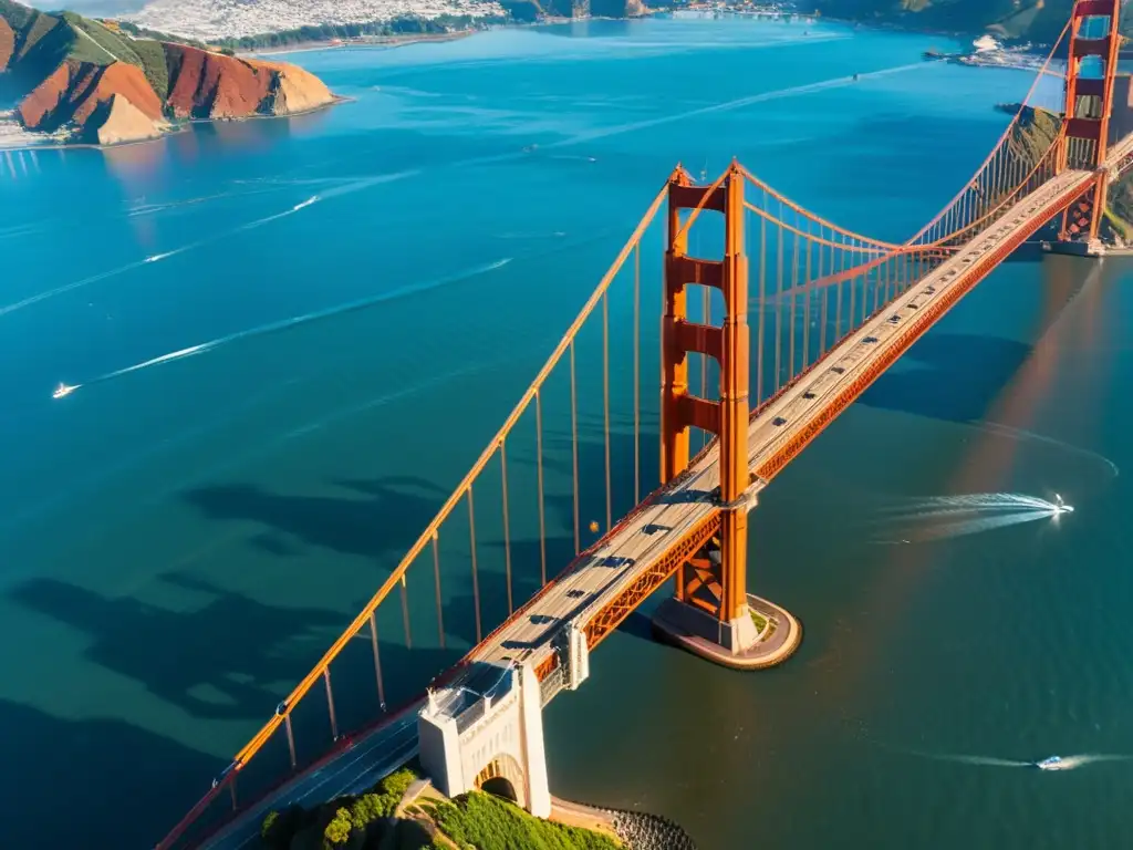 Capturando el esplendor del puente Golden Gate con drones sobre aguas tranquilas