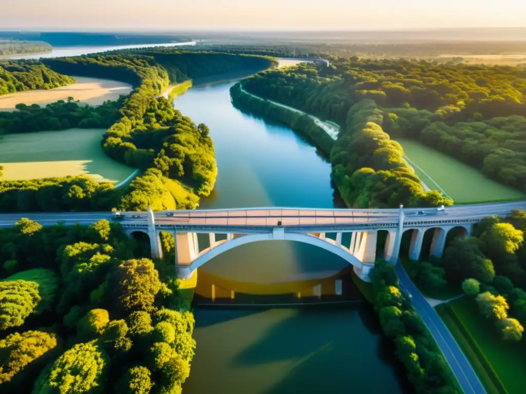 Capturando el esplendor de un puente majestuoso al atardecer con un drone, resaltando su arquitectura detallada y la belleza del paisaje circundante