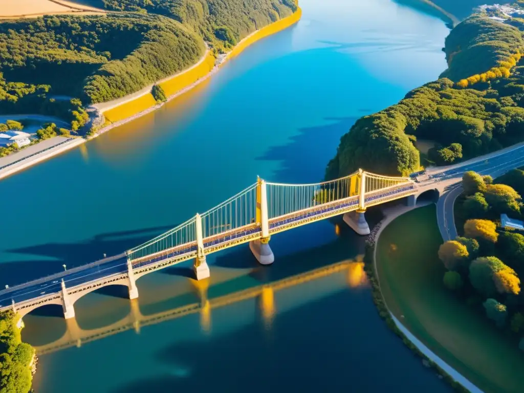 Capturando el esplendor de un puente majestuoso desde un drone, con detalles arquitectónicos y un río azul vibrante