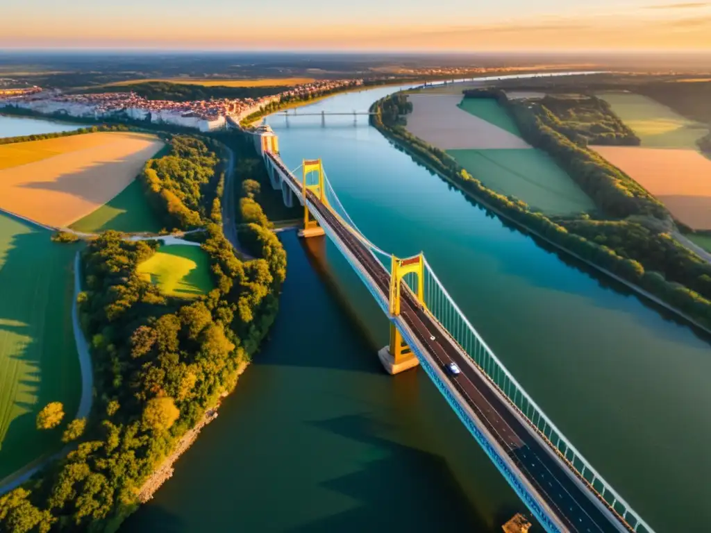 Capturar esplendor de puentes al atardecer con drones, destacando majestuosa arquitectura y paisaje vibrante