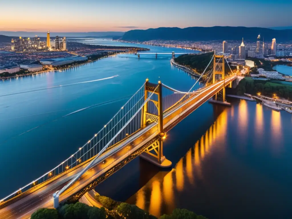 Capturar esplendor de puentes con drones al anochecer, reflejando luces de la ciudad en el agua, resaltando detalles arquitectónicos