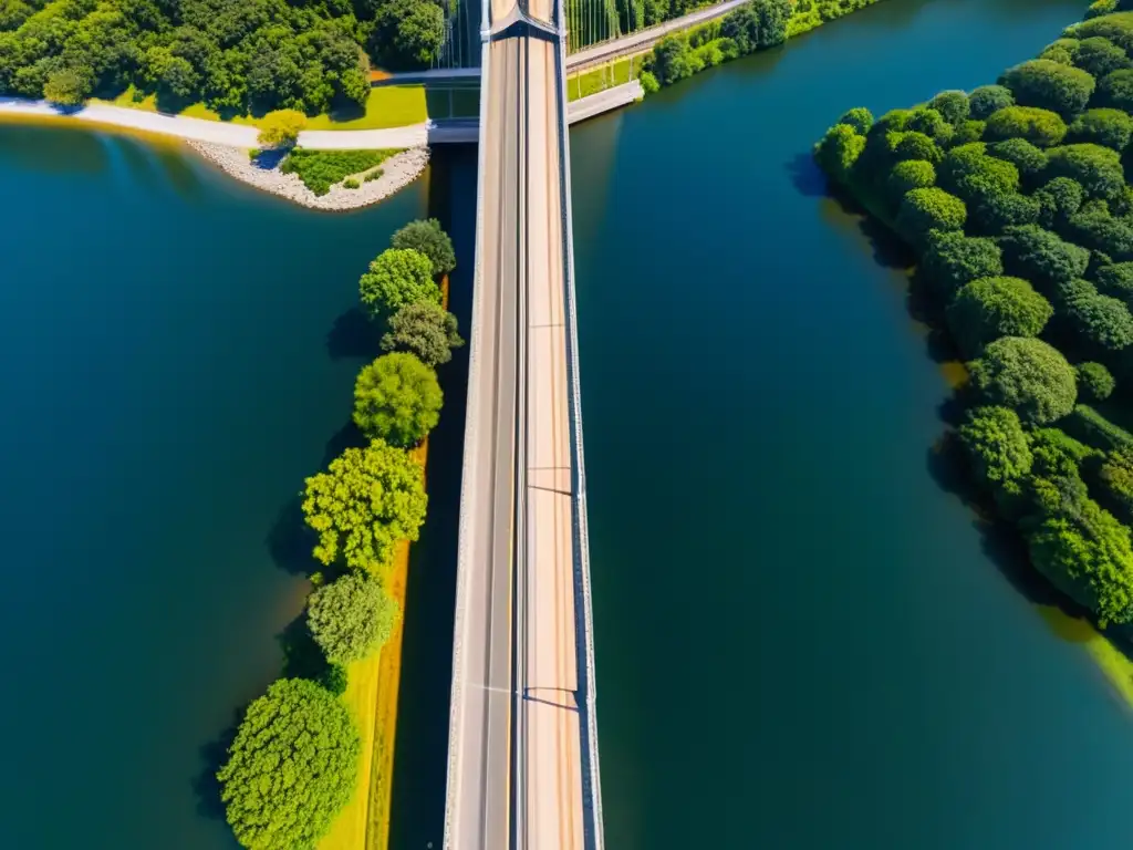 Capturando el esplendor de puentes con drones: majestuoso puente visto desde el aire, resaltando detalles arquitectónicos y paisaje circundante