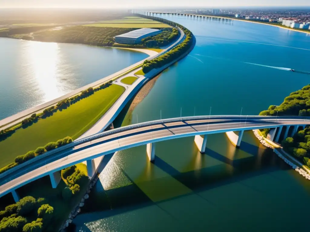 Capturar esplendor de puentes con drones: una vista aérea majestuosa de un puente moderno, elegante y con delicada iluminación solar