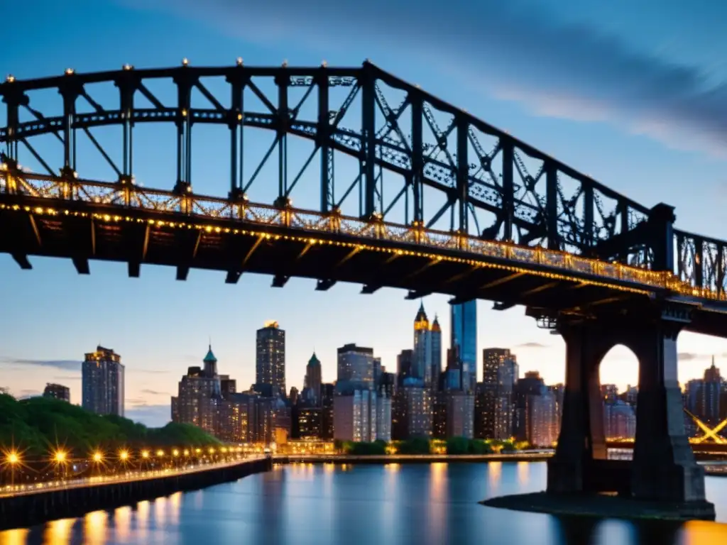 Fotografía de la estética industrial del Puente Queensboro al atardecer, con luces cálidas de la ciudad reflejadas en el metal brillante