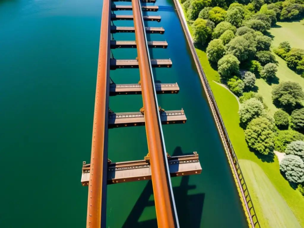 La estructura centenaria del Puente de Hartland, con detalles de acero y remaches, contrasta con el paisaje verde y evoca resiliencia atemporal