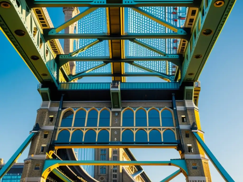 La estructura tridimensional del Puente de la Torre en Londres, con sus intrincados patrones metálicos y la luz solar creando sombras