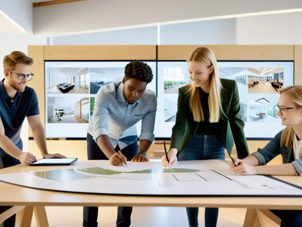 Estudiantes de arquitectura trabajando en equipo en un estudio moderno, utilizando las mejores apps educativas para diseño de puentes