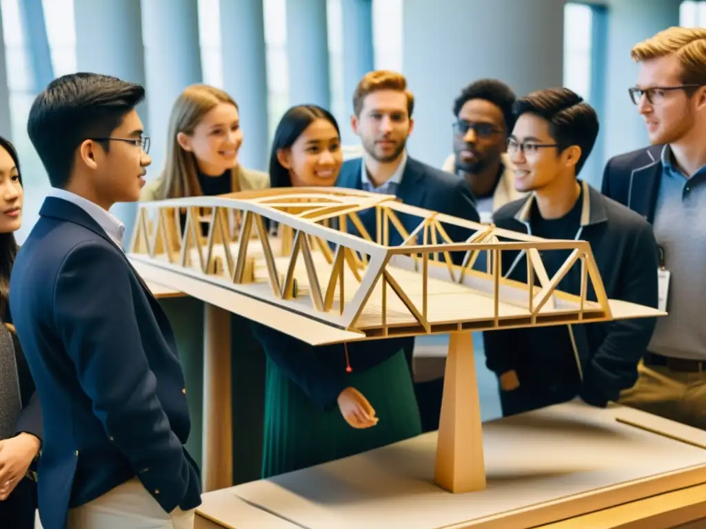 Estudiantes atentos escuchan a un profesor señalando detalles de un modelo de puente