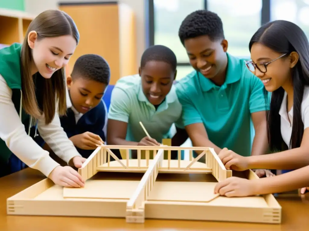 Estudiantes concentrados construyendo modelos de puentes para enseñanza