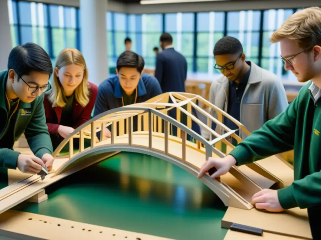 Estudiantes de ingeniería construyendo detallada maqueta de puente icónico con precisión y dedicación