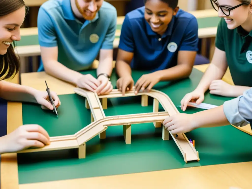 Estudiantes entusiasmados diseñan puentes icónicos arquitectura juegos tecnología, inmersos en actividad educativa colaborativa