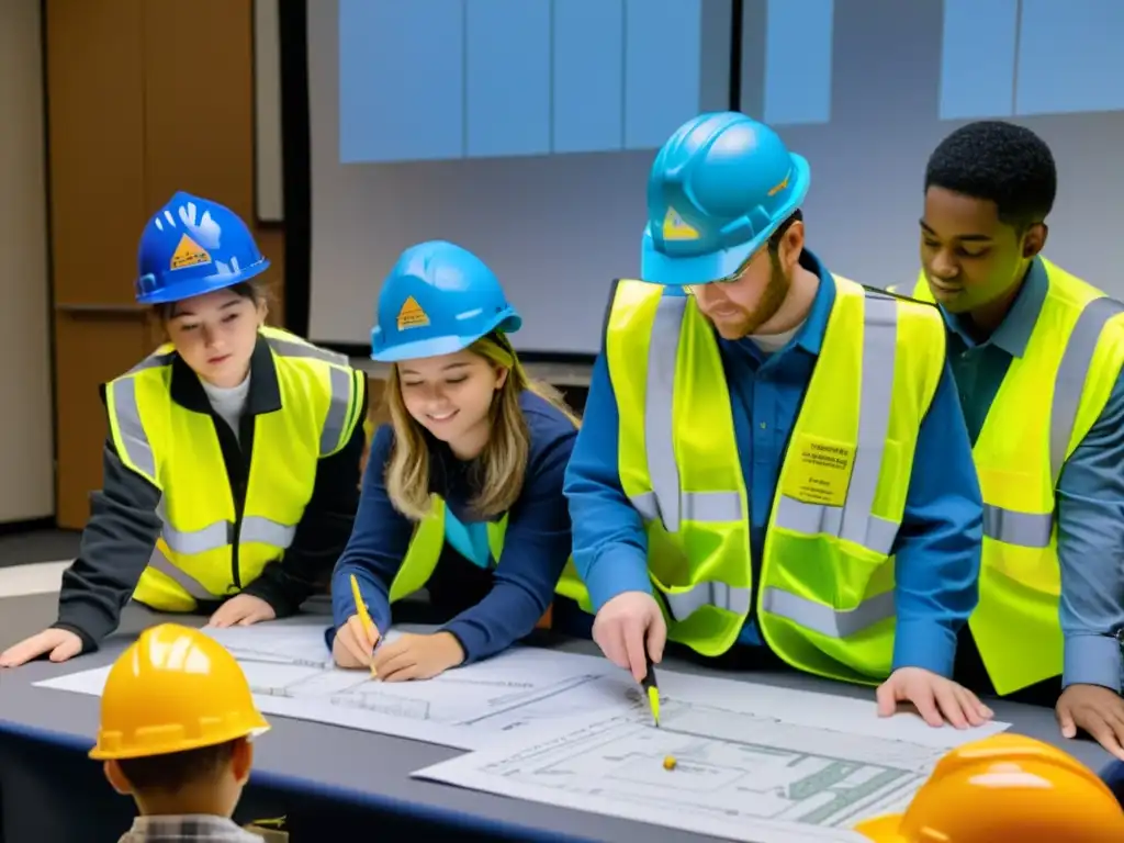 Estudiantes entusiastas colaboran en juegos educativos construcción puentes con planos y maquetas de puentes sobre la mesa