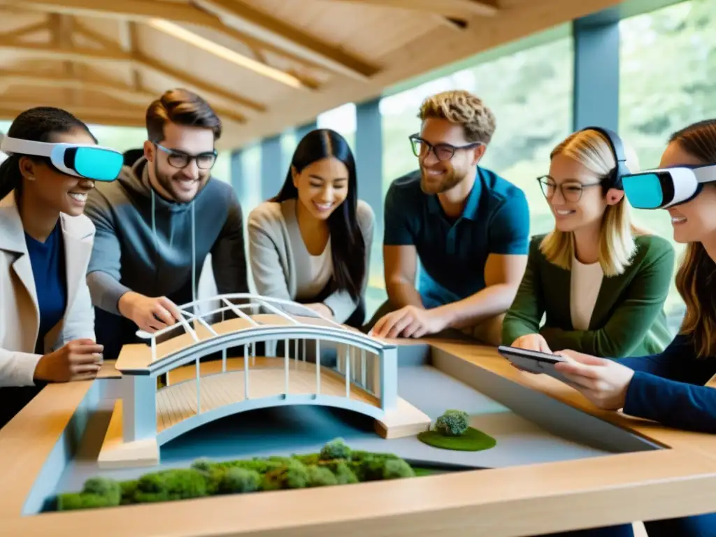 Estudiantes entusiastas exploran un modelo 3D de un puente usando auriculares de realidad aumentada