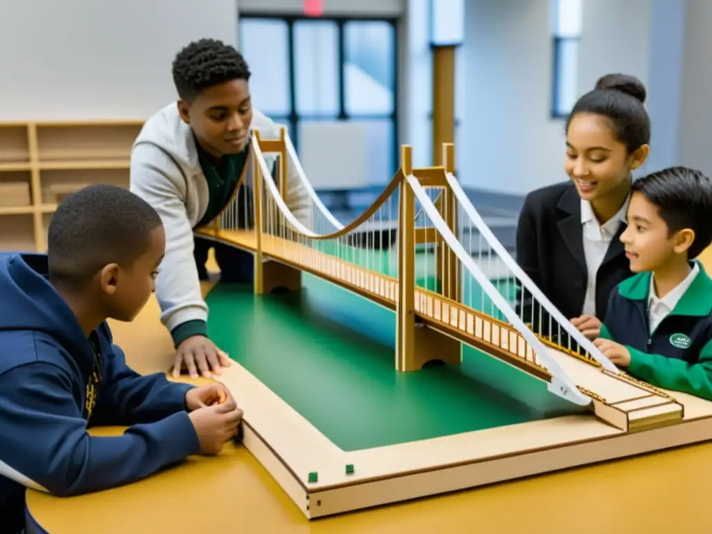 Estudiantes entusiastas aprenden ingeniería de puentes icónicos bajo la guía de un instructor apasionado