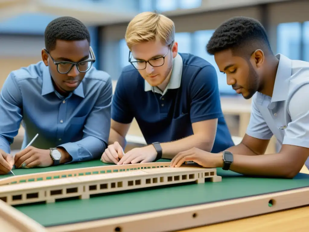 Estudiantes de ingeniería trabajando en un modelo a escala de un puente, discutiendo con herramientas y software educativo