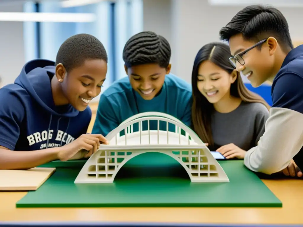 Estudiantes construyendo modelo de puente icónico con tecnología educativa