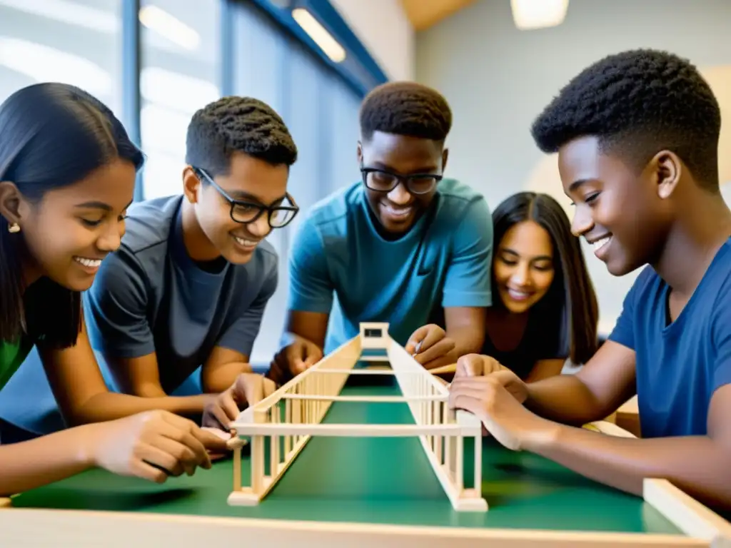 Estudiantes construyen modelo de puente con tecnología, fomentando colaboración y habilidades de resolución de problemas