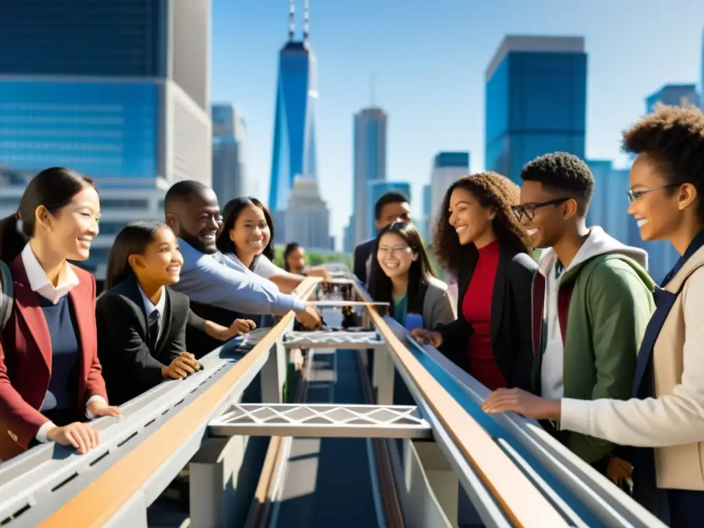 Estudiantes y profesores en un puente urbano moderno, fomentando aprendizaje STEM en entorno inclusivo y accesible