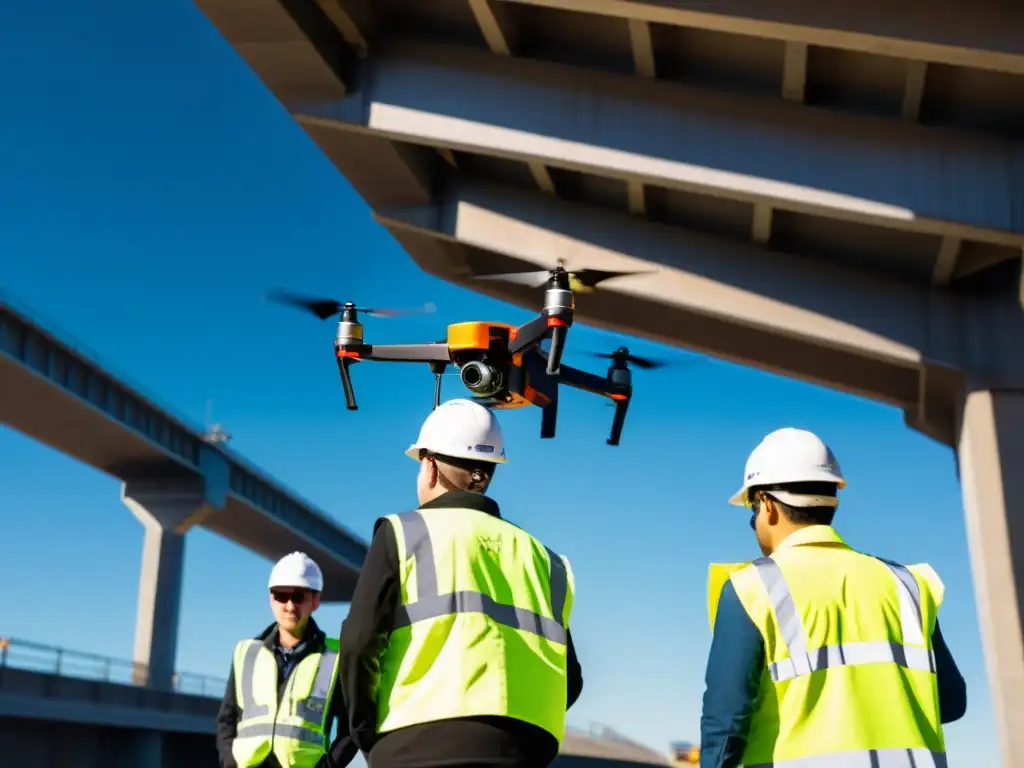 Estudiantes de ingeniería inspeccionan un puente con un dron, destacando la importancia del mantenimiento de puentes