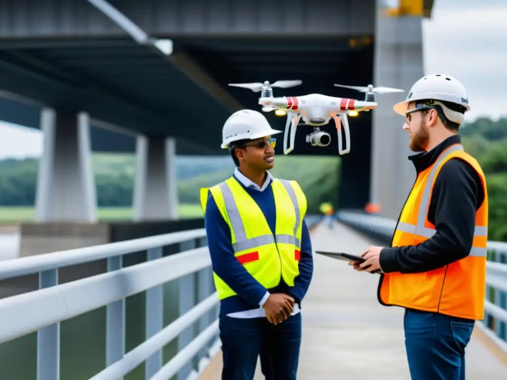 Estudiantes de ingeniería inspeccionando un puente con drones, resaltando la importancia del mantenimiento de puentes y la innovación tecnológica